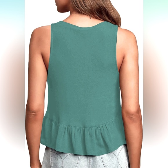 Teal Blue Babydoll Tank Top Heather Peplum Ruffle Hem Sleeveless Swing V-Neck - Picture 3 of 7